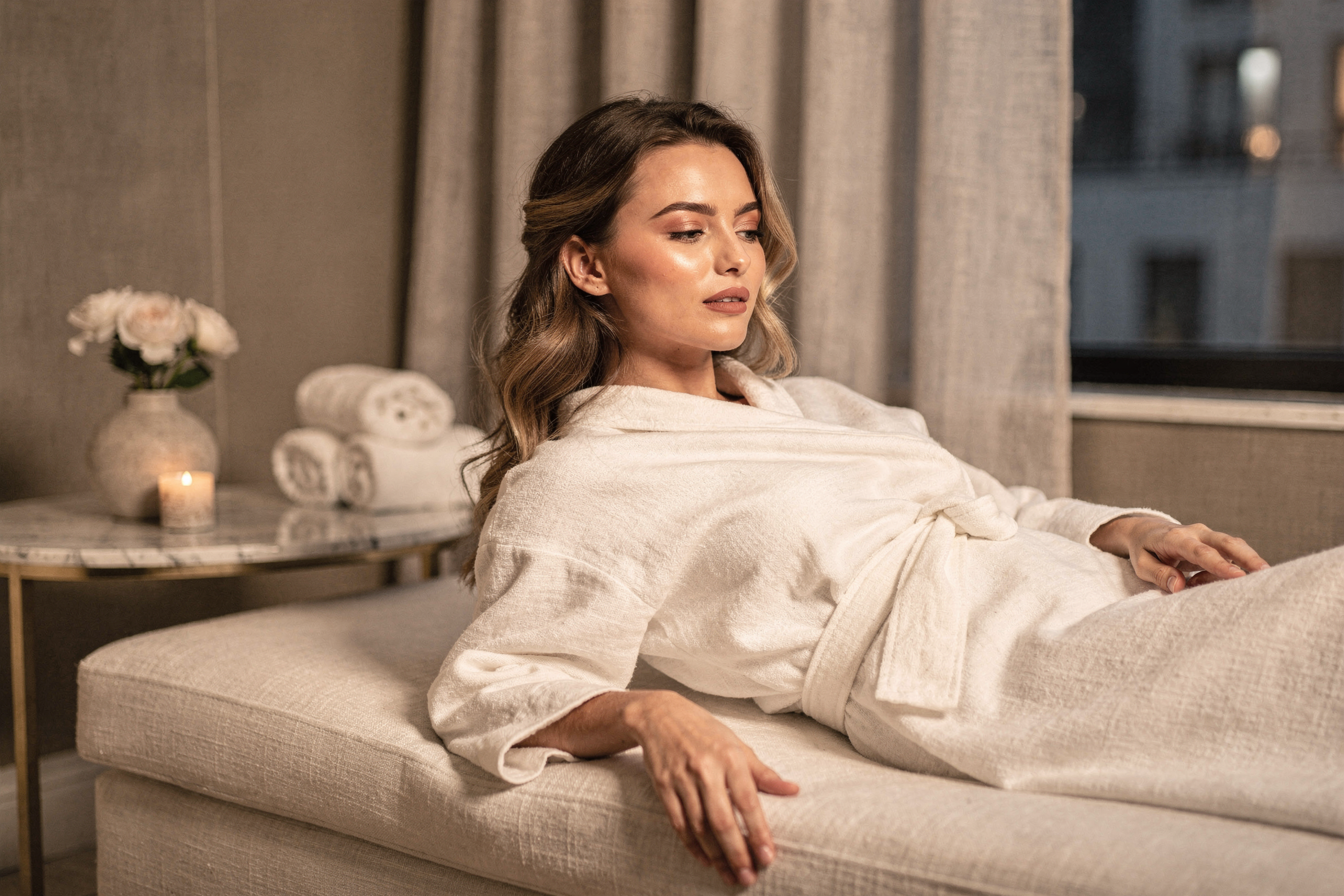 Woman relaxing on a neutral-toned sofa in a spa treatment room with soft lighting and floral arrangements